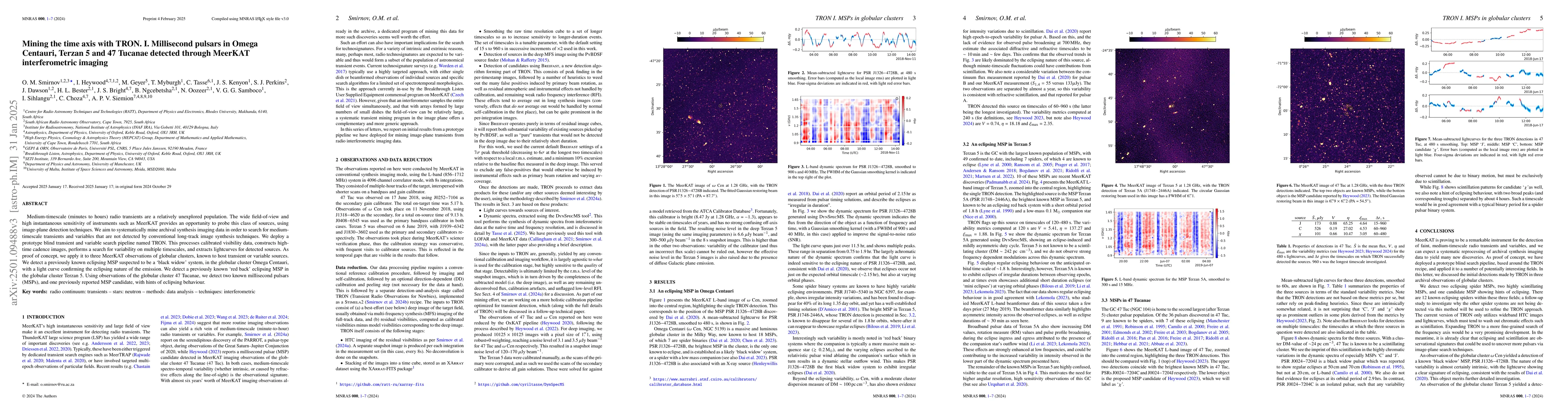 Thumbnail for Mining the time axis with TRON. I. Millisecond pulsars in Omega
  Centauri, Terzan 5 and 47 Tucanae detected through MeerKAT interferometric
  imaging