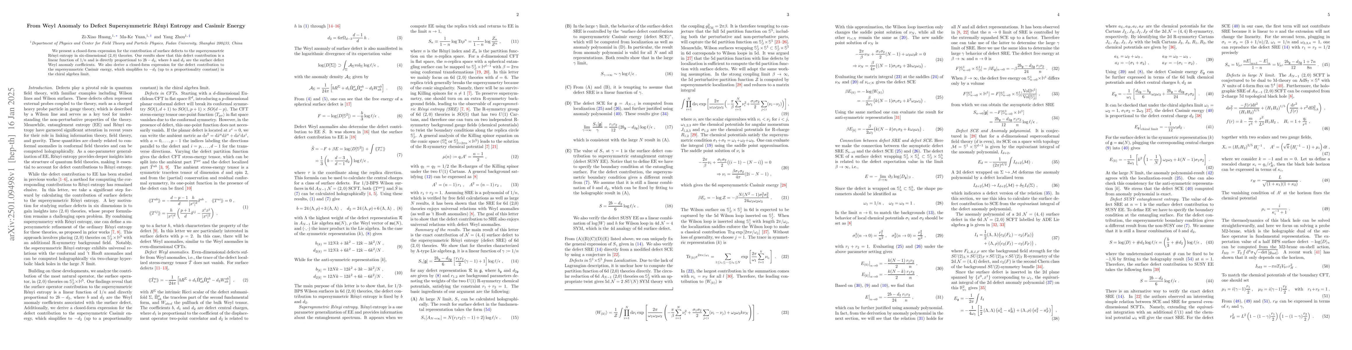 Thumbnail for From Weyl Anomaly to Defect Supersymmetric Rényi Entropy and Casimir
  Energy