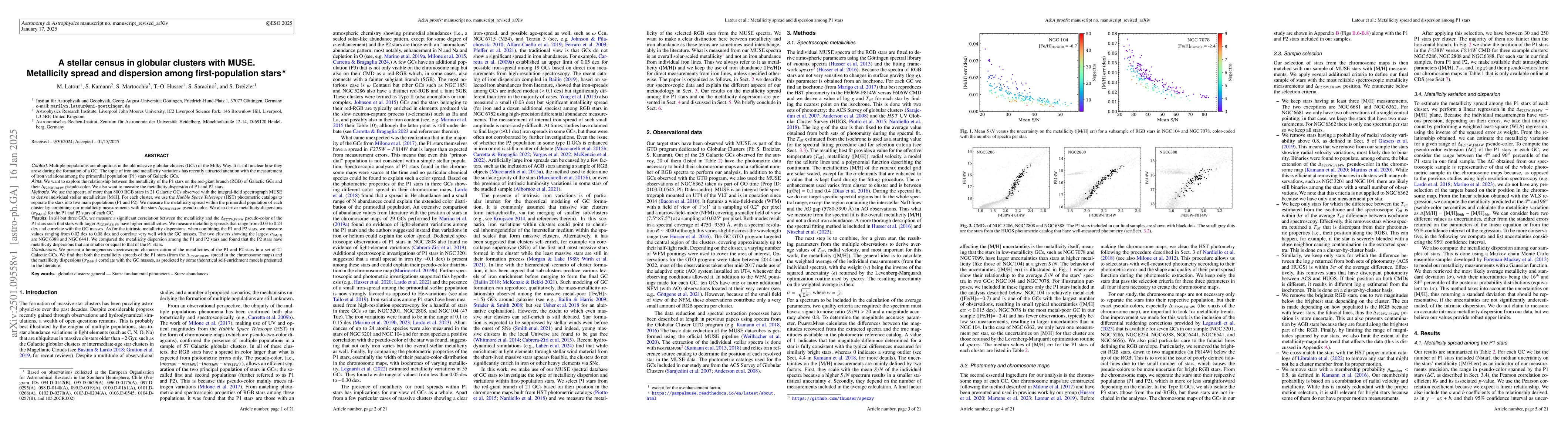 Thumbnail for A stellar census in globular clusters with MUSE. Metallicity spread and
  dispersion among first-population stars