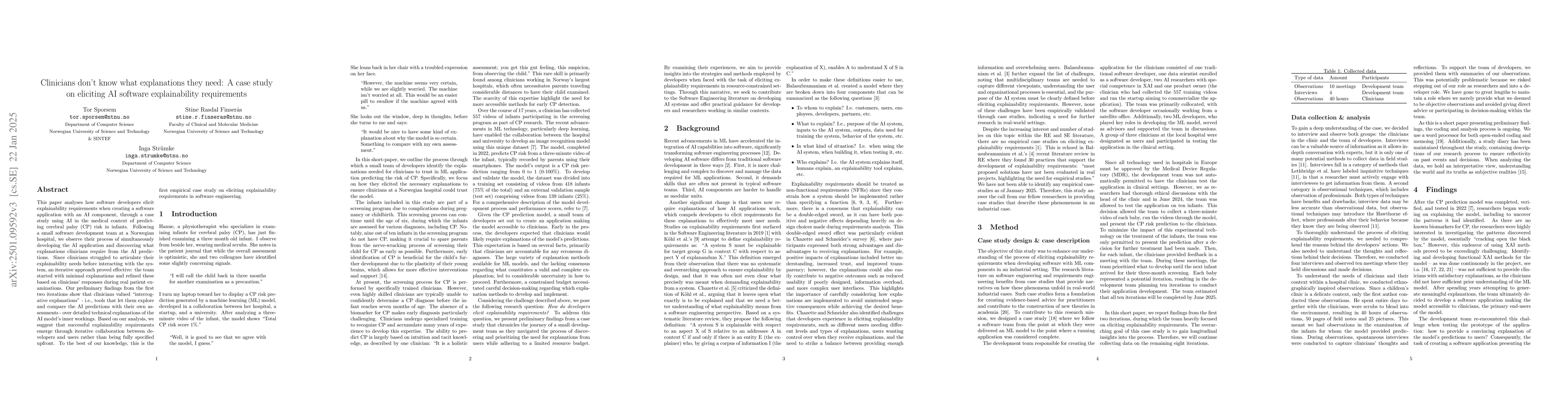 Thumbnail for Clinicians don't know what explanations they need: A case study on
  eliciting AI software explainability requirements