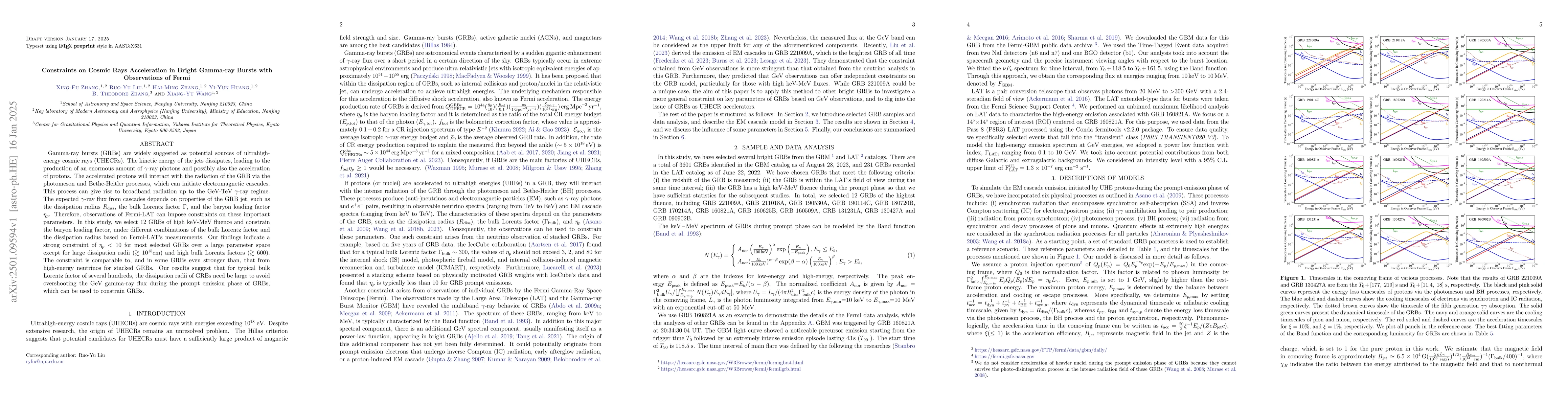Thumbnail for Constraints on Cosmic Rays Acceleration in Bright Gamma-ray Bursts with
  Observations of Fermi