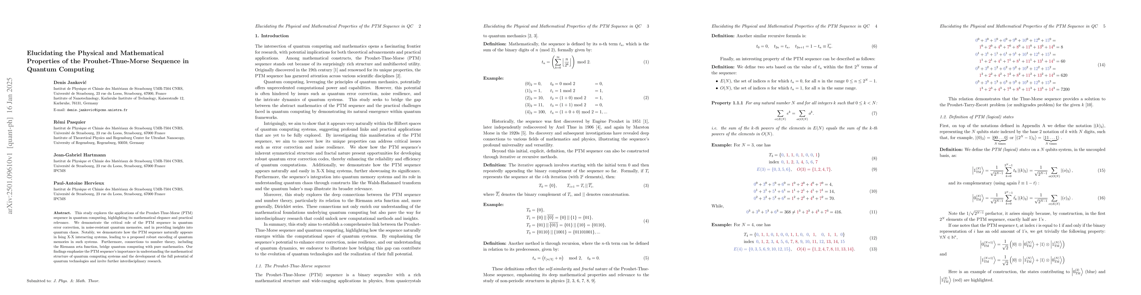 Thumbnail for Elucidating the Physical and Mathematical Properties of the
  Prouhet-Thue-Morse Sequence in Quantum Computing