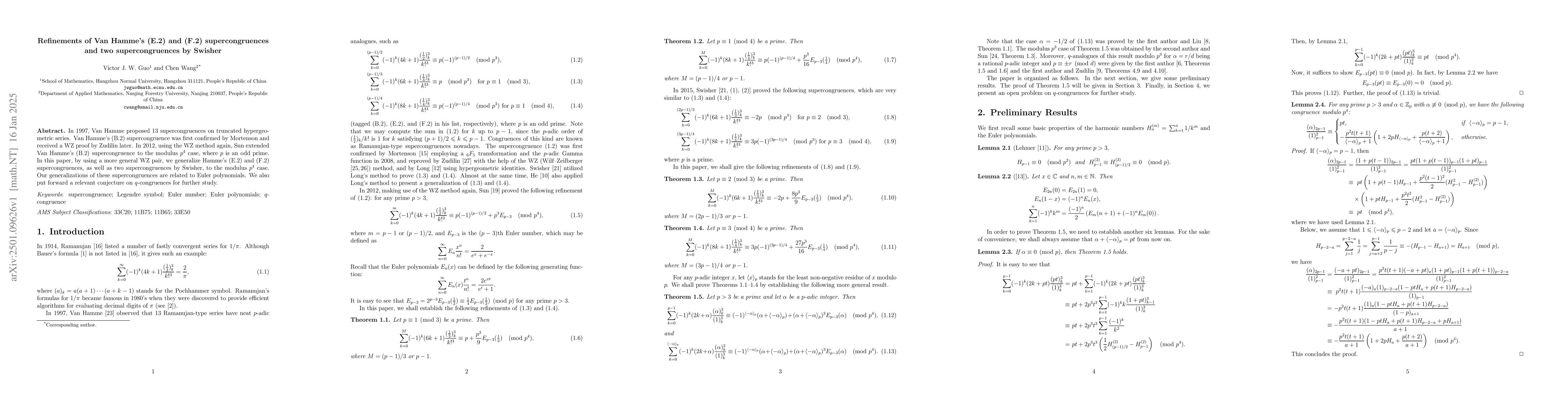 Thumbnail for Refinements of Van Hamme's (E.2) and (F.2) supercongruences and two
  supercongruences by Swisher