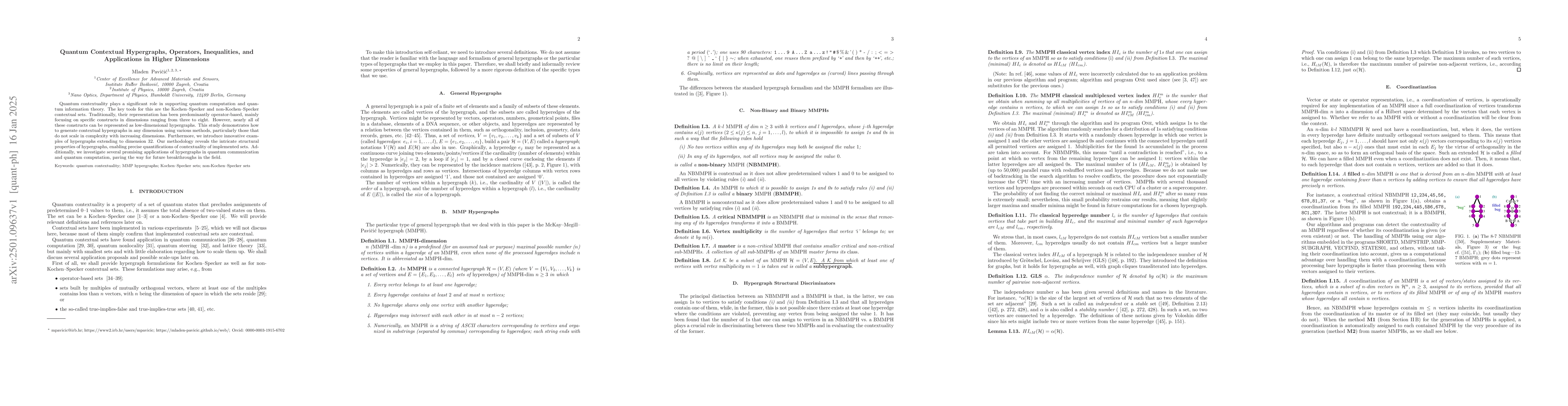 Thumbnail for Quantum Contextual Hypergraphs, Operators, Inequalities, and
  Applications in Higher Dimensions