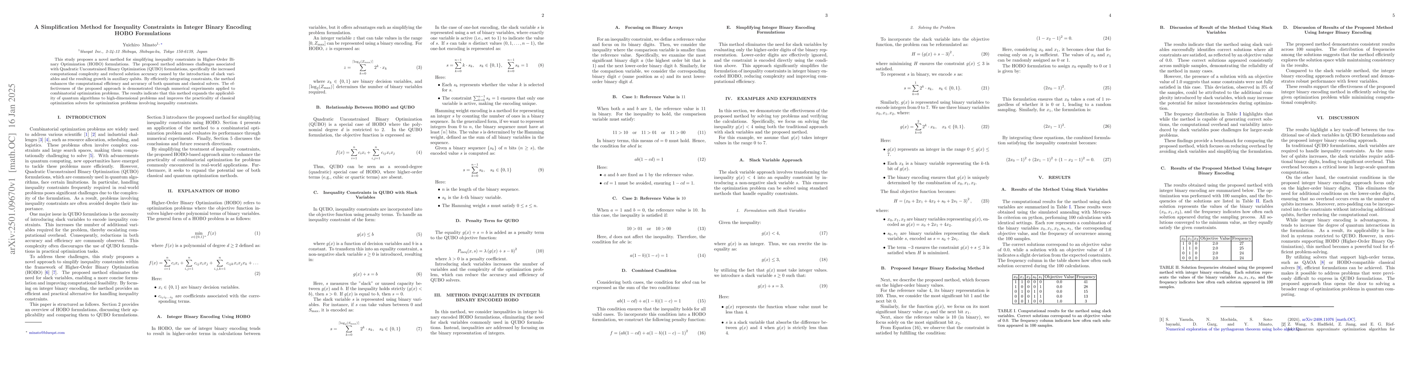 Thumbnail for A Simplification Method for Inequality Constraints in Integer Binary
  Encoding HOBO Formulations