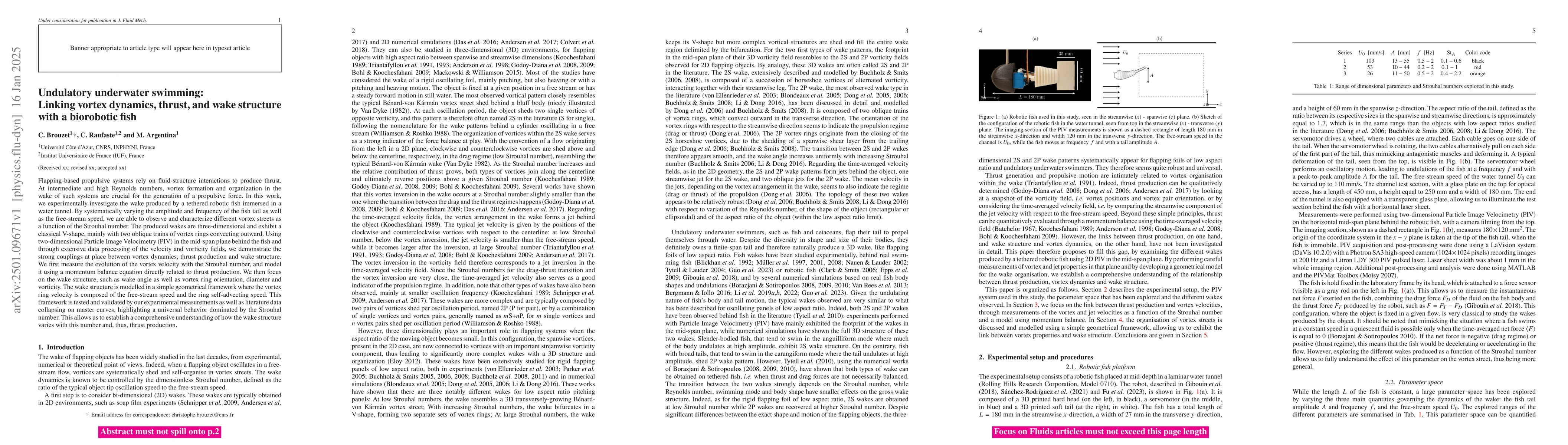 Thumbnail for Undulatory underwater swimming: Linking vortex dynamics, thrust, and
  wake structure with a biorobotic fish