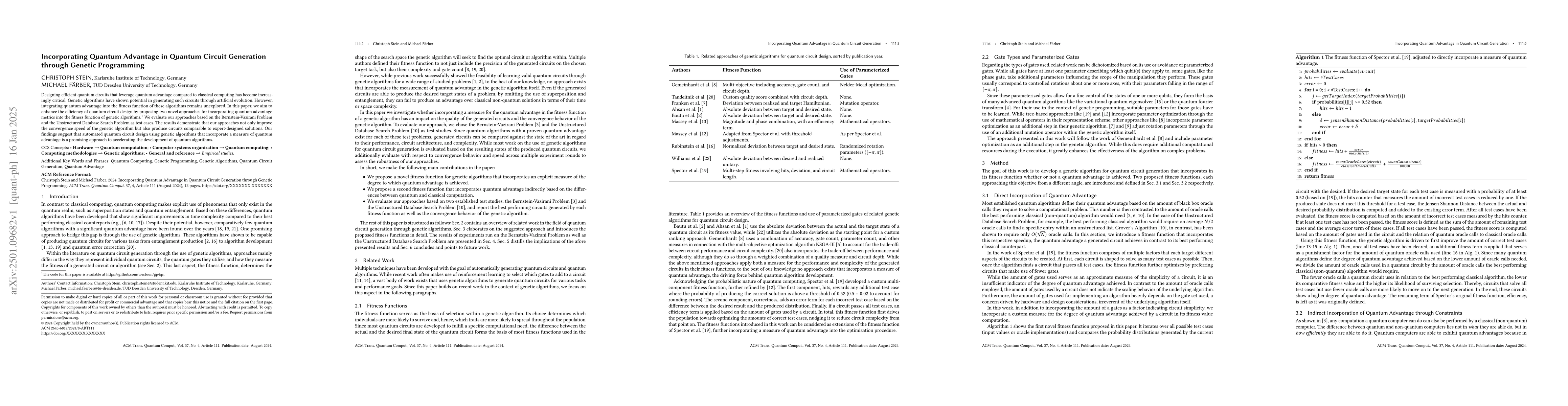 Thumbnail for Incorporating Quantum Advantage in Quantum Circuit Generation through
  Genetic Programming