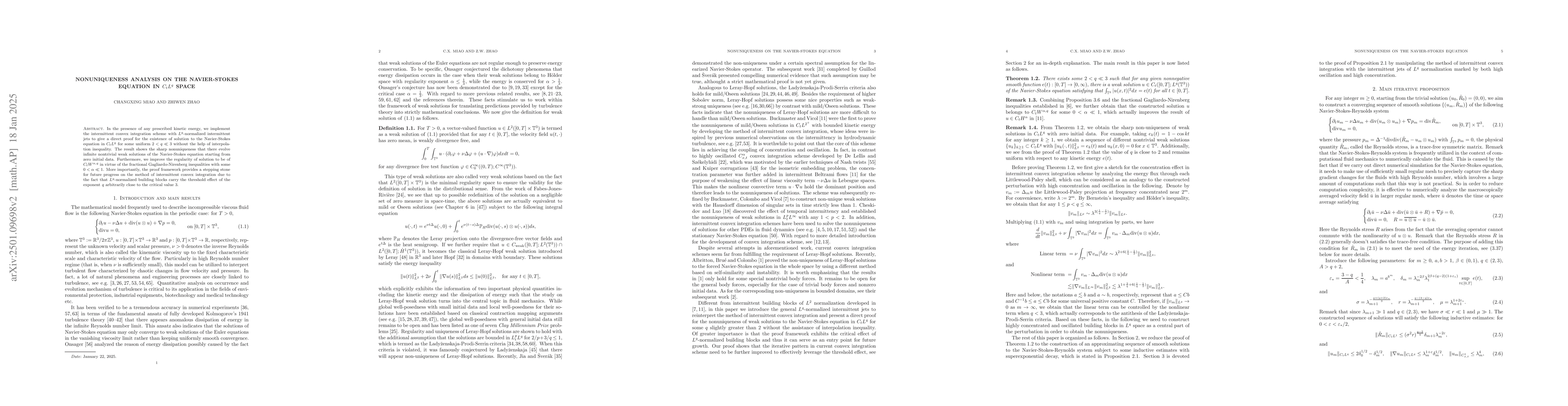 Thumbnail for Nonuniqueness analysis on the Navier-Stokes equation in $C_{t}L^{q}$
  space