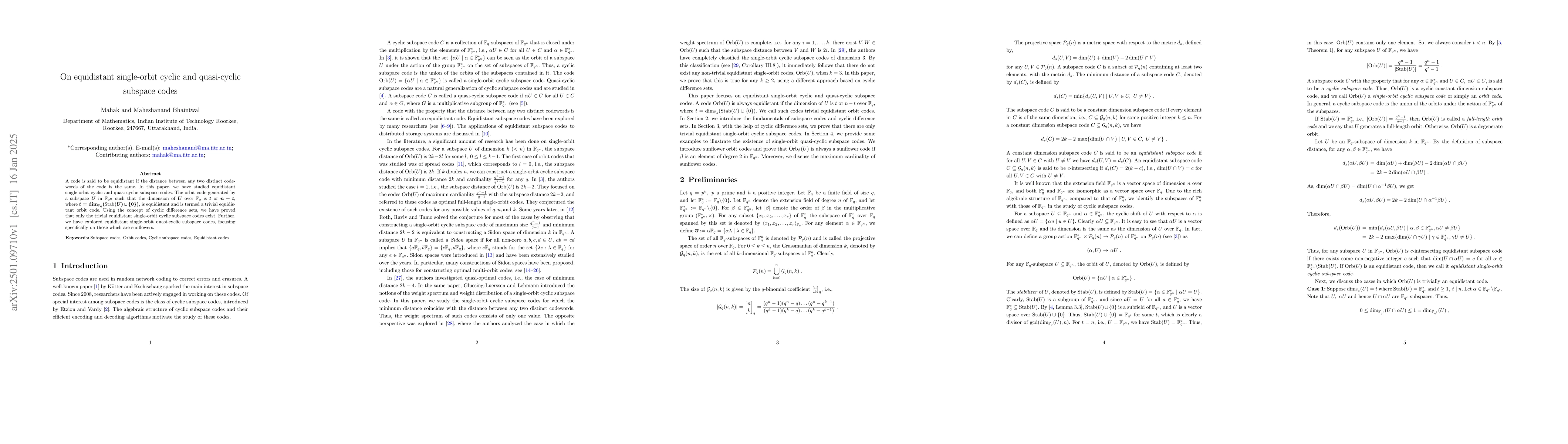 Thumbnail for On equidistant single-orbit cyclic and quasi-cyclic subspace codes
