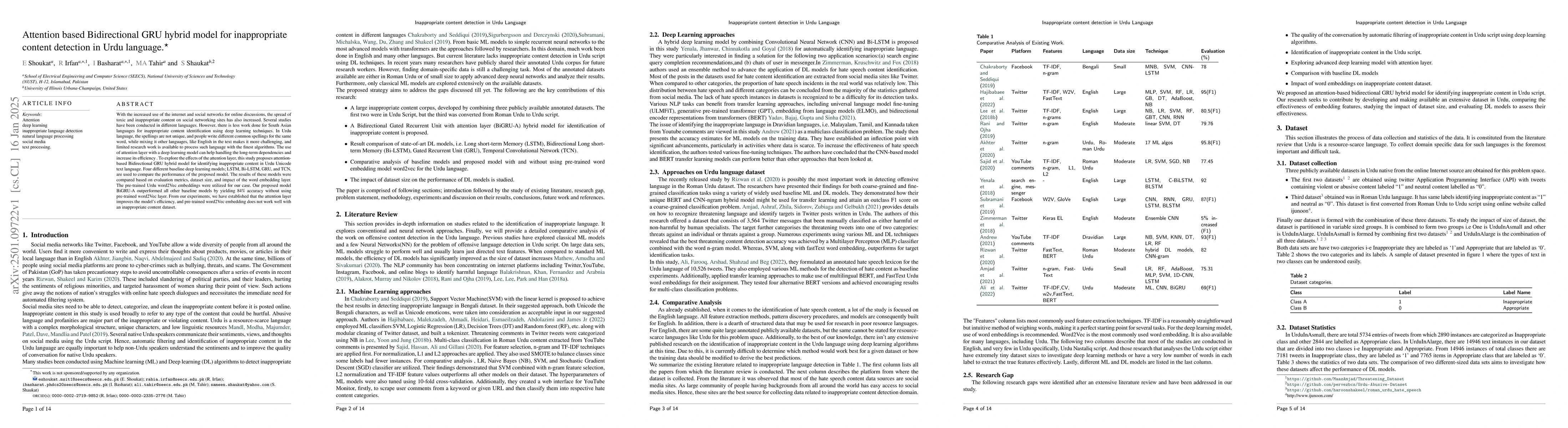 Thumbnail for Attention based Bidirectional GRU hybrid model for inappropriate content
  detection in Urdu language