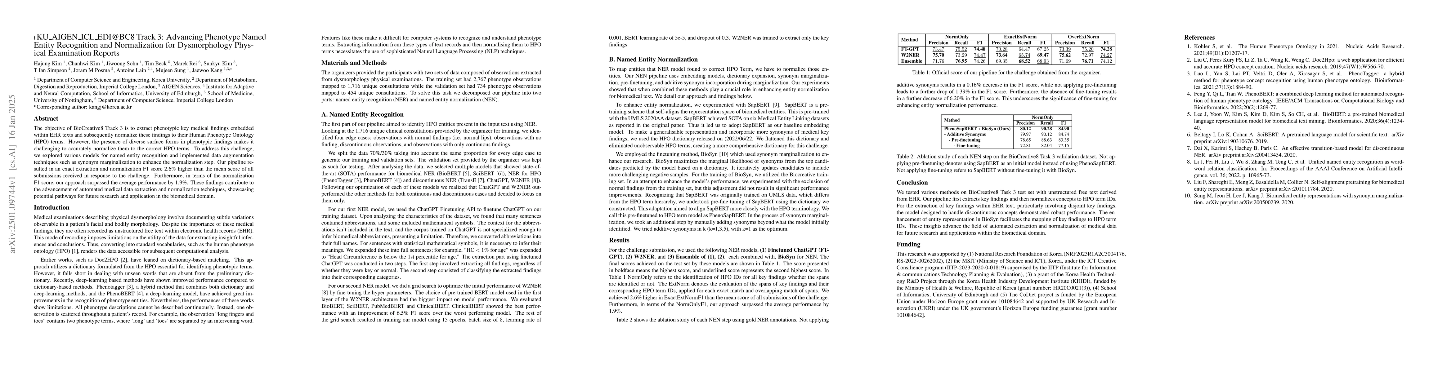 Thumbnail for KU AIGEN ICL EDI@BC8 Track 3: Advancing Phenotype Named Entity
  Recognition and Normalization for Dysmorphology Physical Examination Reports