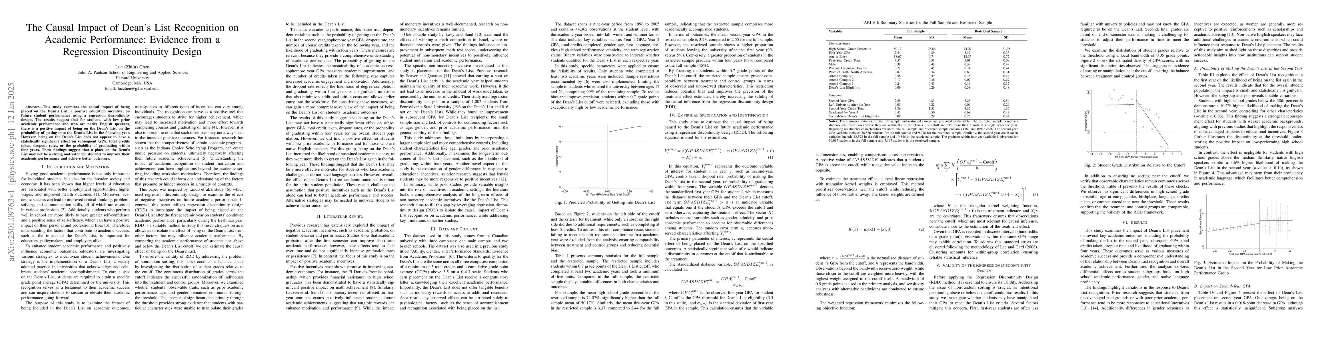Thumbnail for The Causal Impact of Dean's List Recognition on Academic Performance:
  Evidence from a Regression Discontinuity Design