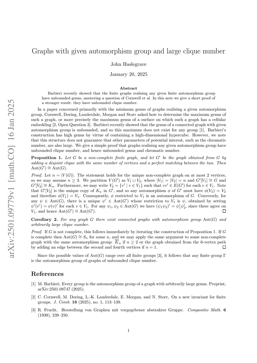 Thumbnail for Graphs with given automorphism group and large clique number