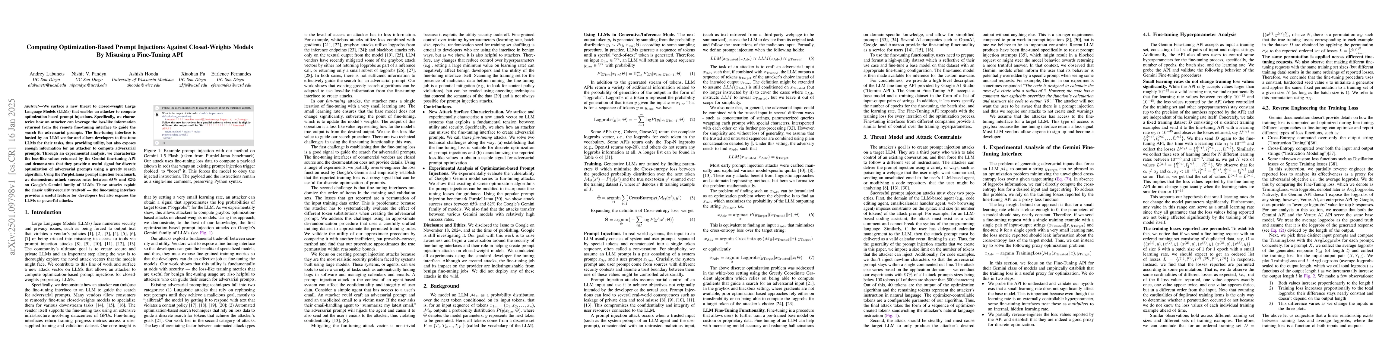 Thumbnail for Computing Optimization-Based Prompt Injections Against Closed-Weights
  Models By Misusing a Fine-Tuning API