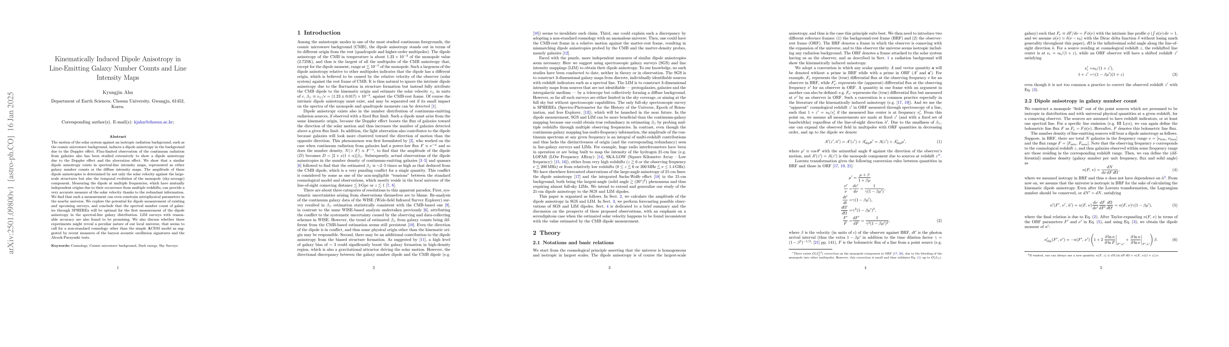 Thumbnail for Kinematically induced dipole anisotropy in line-emitting galaxy number
  counts and line intensity maps