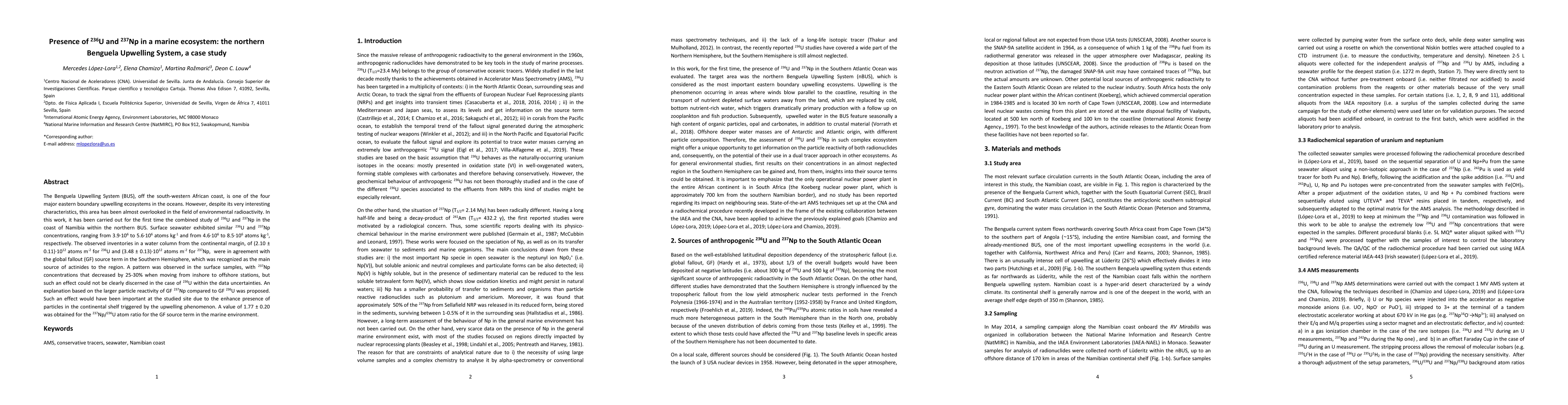 Thumbnail for Presence of $^{236}$U and $^{237}$Np in a marine ecosystem: the northern
  Benguela Upwelling System, a case study