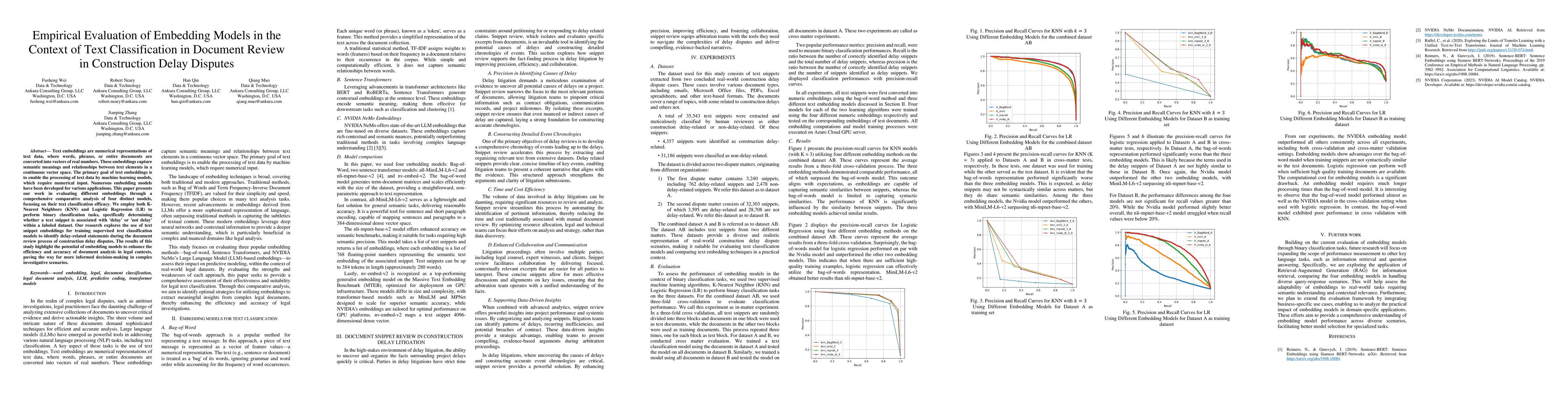 Thumbnail for Empirical Evaluation of Embedding Models in the Context of Text
  Classification in Document Review in Construction Delay Disputes