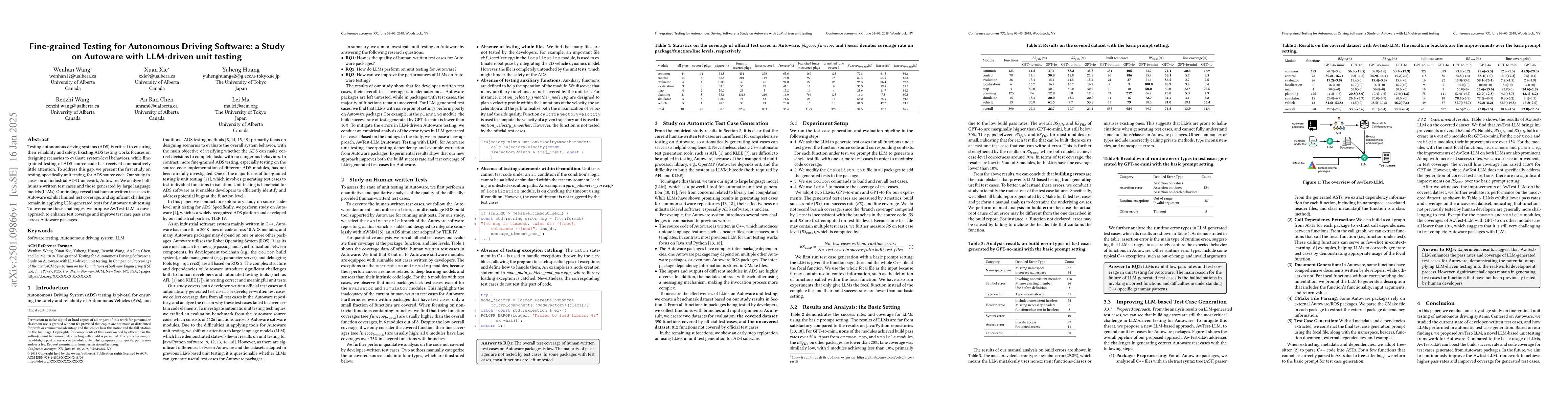 Thumbnail for Fine-grained Testing for Autonomous Driving Software: a Study on
  Autoware with LLM-driven Unit Testing