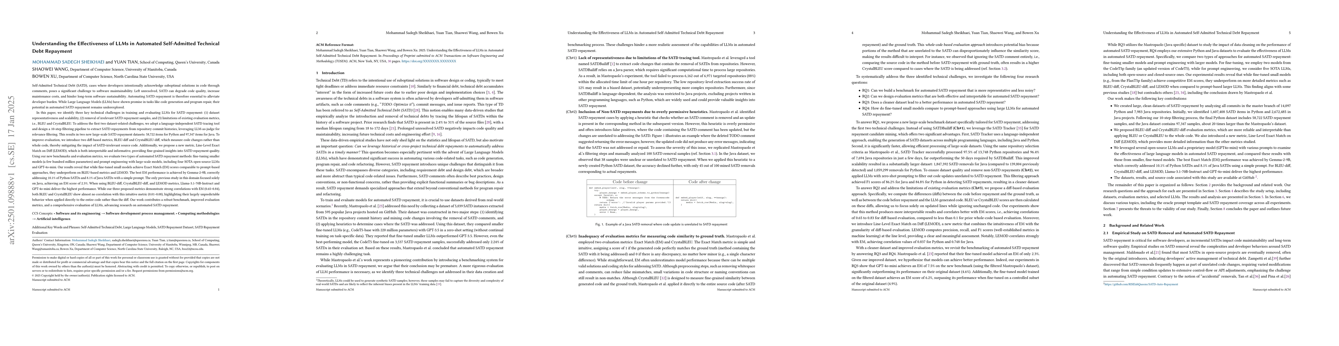 Thumbnail for Understanding the Effectiveness of LLMs in Automated Self-Admitted
  Technical Debt Repayment