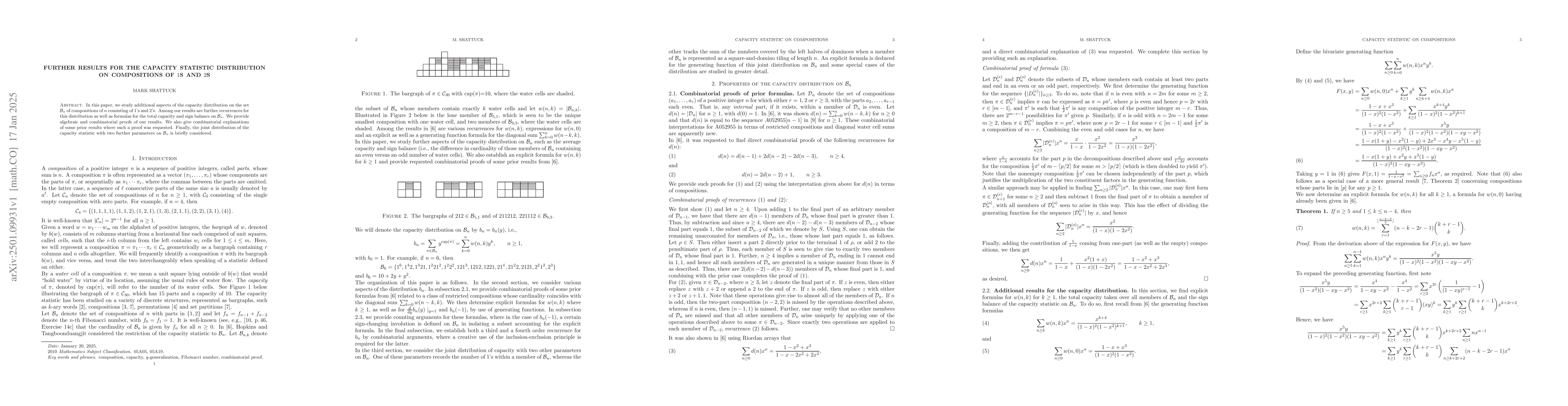 Thumbnail for Further Results for the Capacity Statistic Distribution on Compositions
  of 1's and 2's