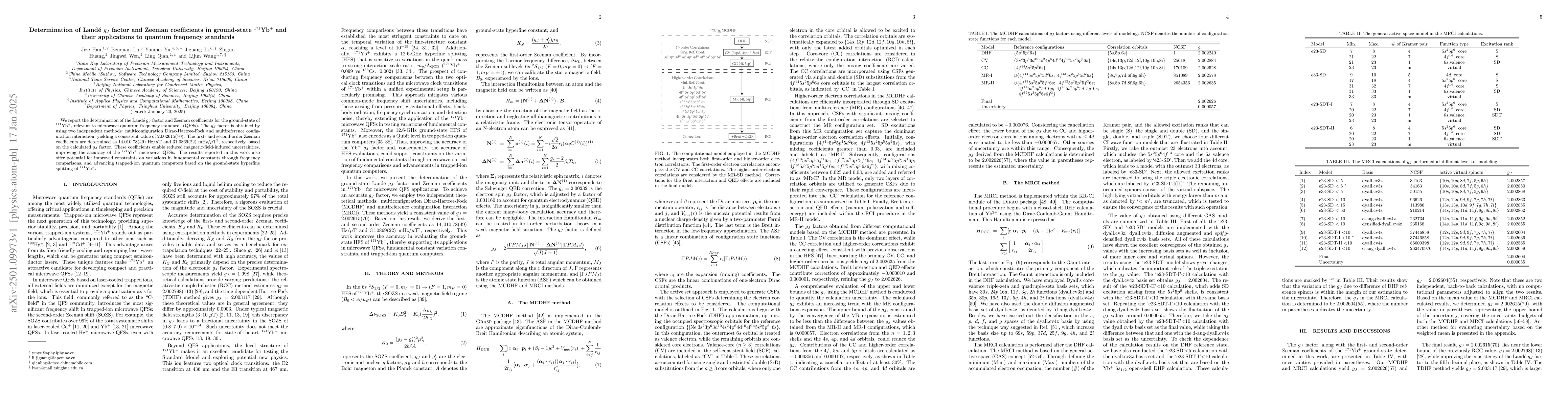 Thumbnail for Determination of Landé $g_J$ factor and Zeeman coefficients in
  ground-state $^{171}$Yb$^+$ and their applications to quantum frequency
  standards