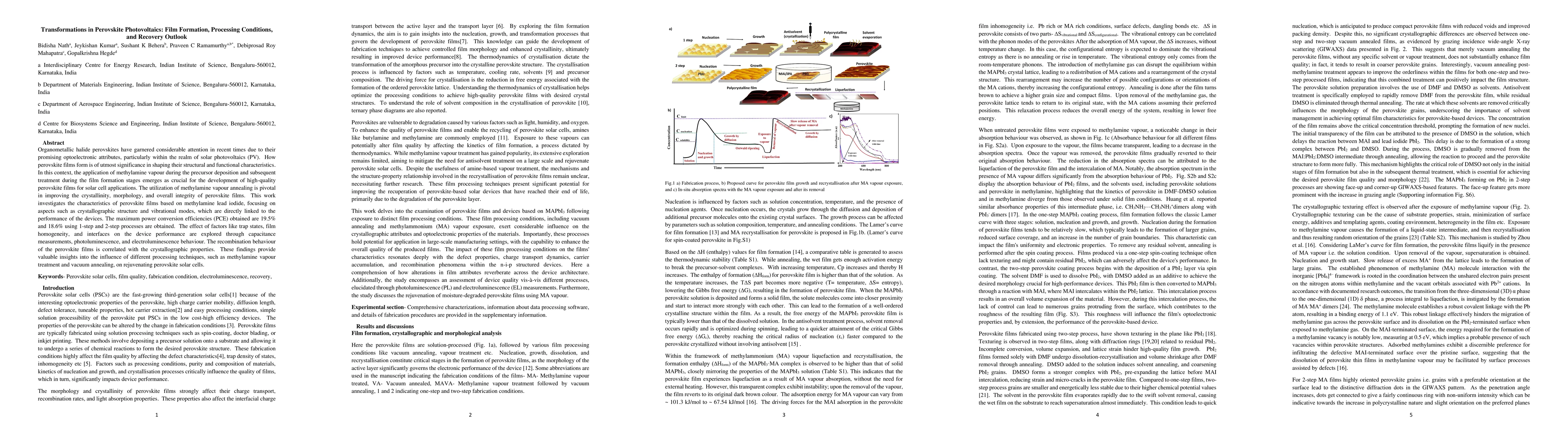 Thumbnail for Transformations in Perovskite Photovoltaics: Film Formation, Processing
  Conditions, and Recovery Outlook
