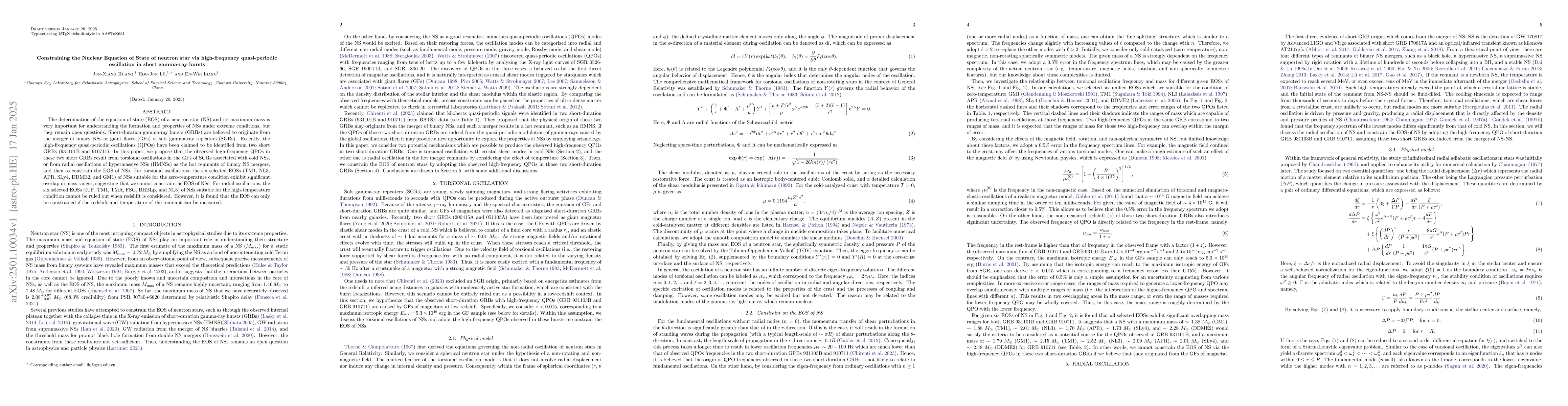 Thumbnail for Constraining the Nuclear Equation of State of neutron star via
  high-frequency quasi-periodic oscillation in short gamma-ray bursts