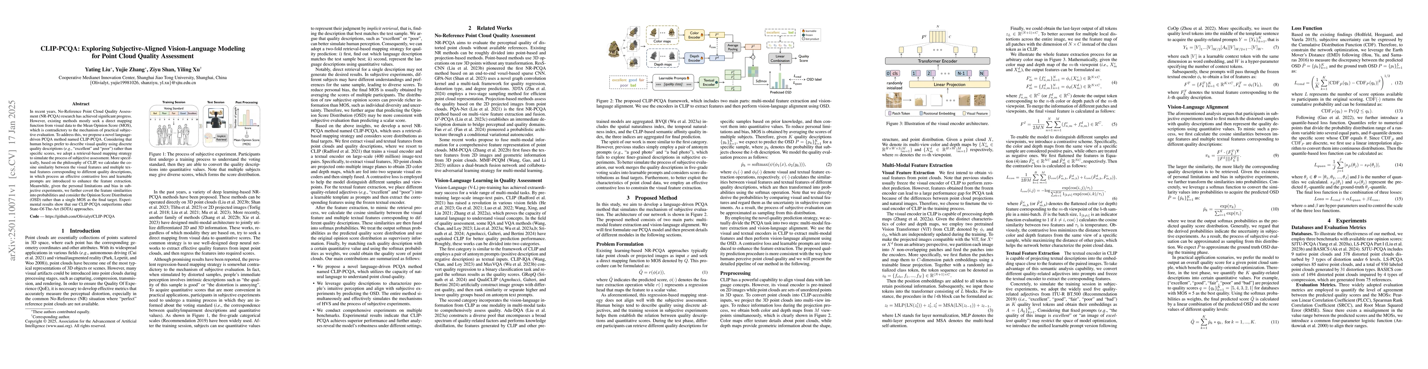 Thumbnail for CLIP-PCQA: Exploring Subjective-Aligned Vision-Language Modeling for
  Point Cloud Quality Assessment