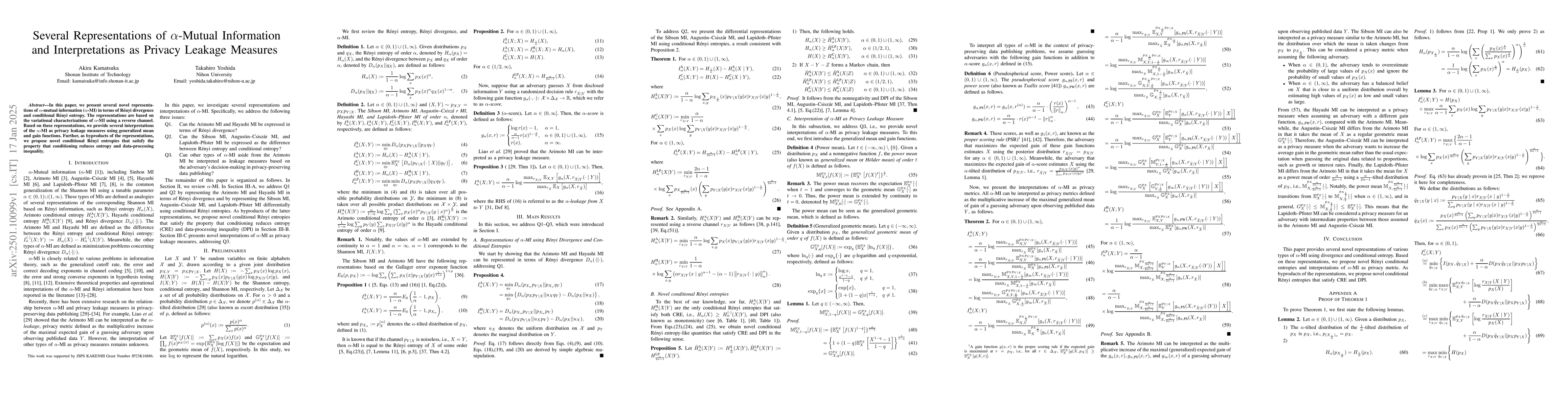 Thumbnail for Several Representations of $α$-Mutual Information and
  Interpretations as Privacy Leakage Measures