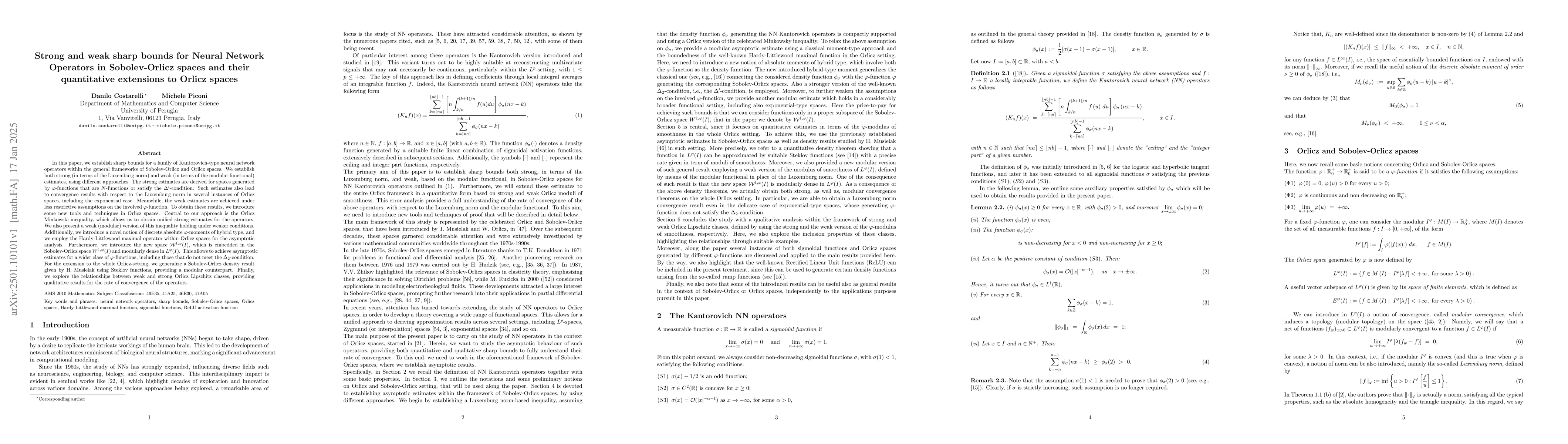 Thumbnail for Strong and weak sharp bounds for Neural Network Operators in
  Sobolev-Orlicz spaces and their quantitative extensions to Orlicz spaces