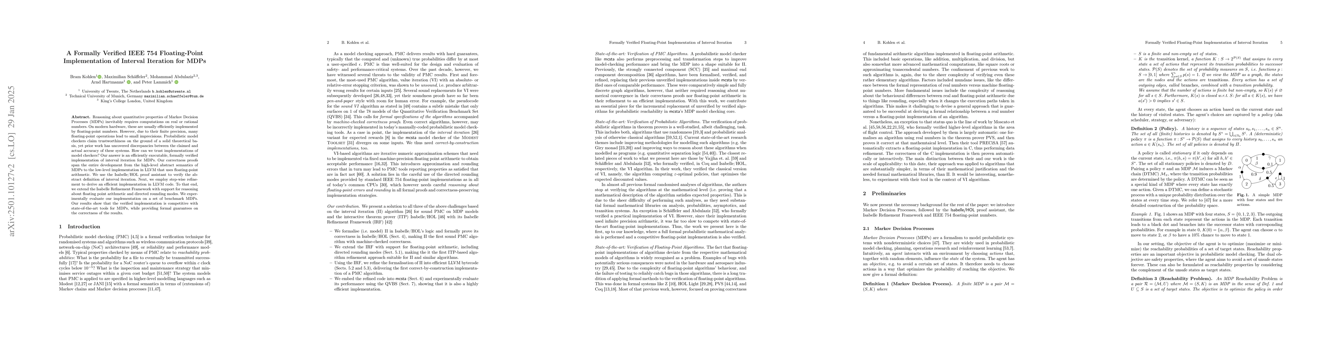 Thumbnail for A Formally Verified IEEE 754 Floating-Point Implementation of Interval
  Iteration for MDPs
