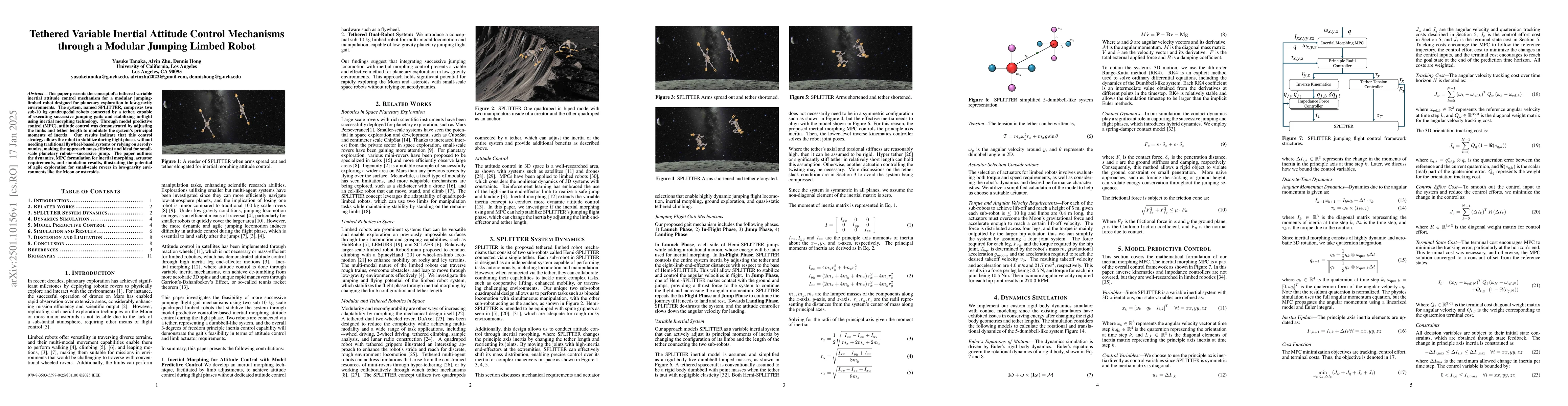 Thumbnail for Tethered Variable Inertial Attitude Control Mechanisms through a Modular
  Jumping Limbed Robot