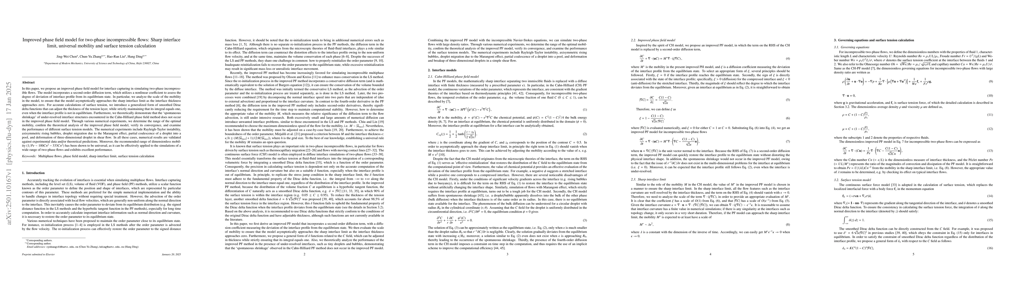Thumbnail for Improved phase field model for two-phase incompressible flows: Sharp
  interface limit, universal mobility and surface tension calculation