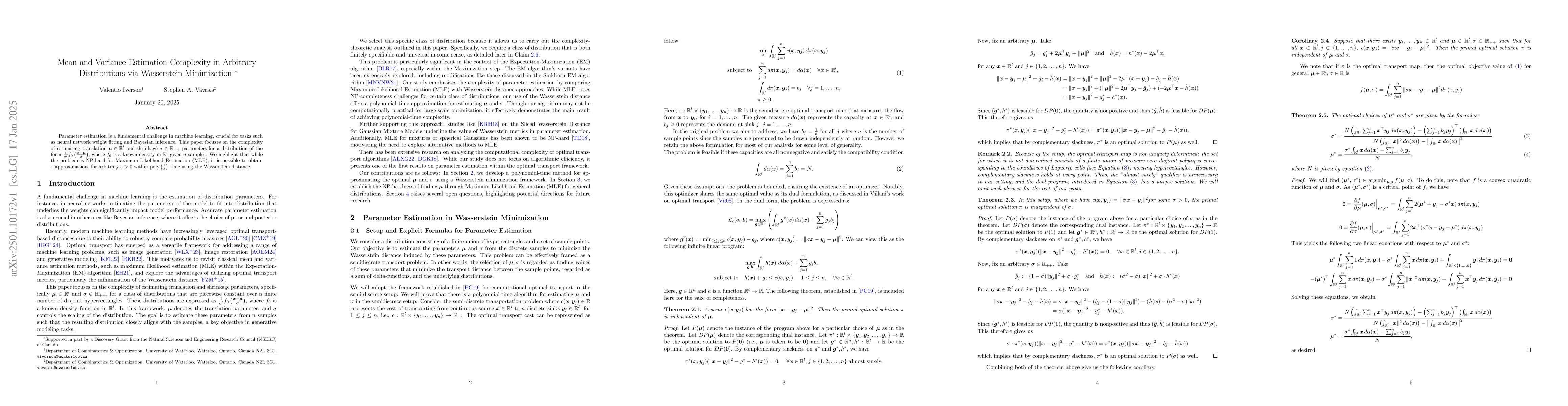 Thumbnail for Mean and Variance Estimation Complexity in Arbitrary Distributions via
  Wasserstein Minimization