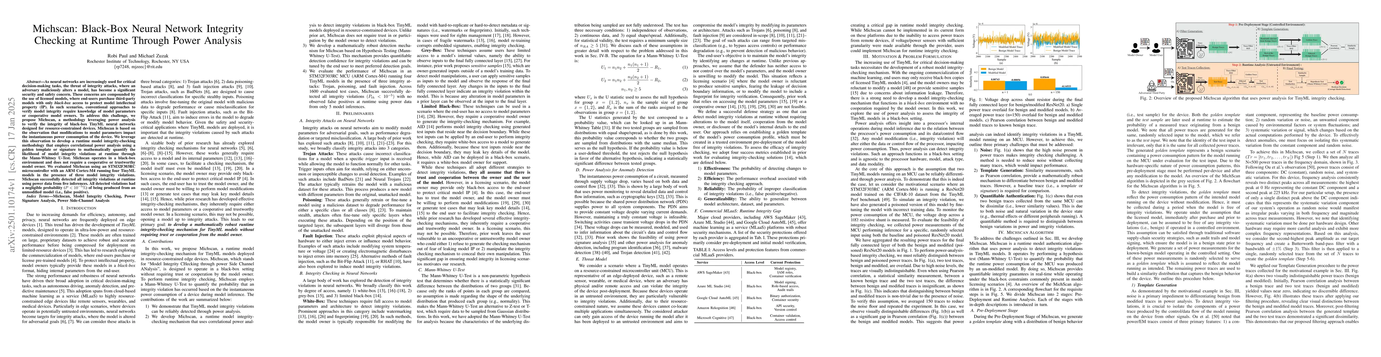 Thumbnail for Michscan: Black-Box Neural Network Integrity Checking at Runtime Through
  Power Analysis