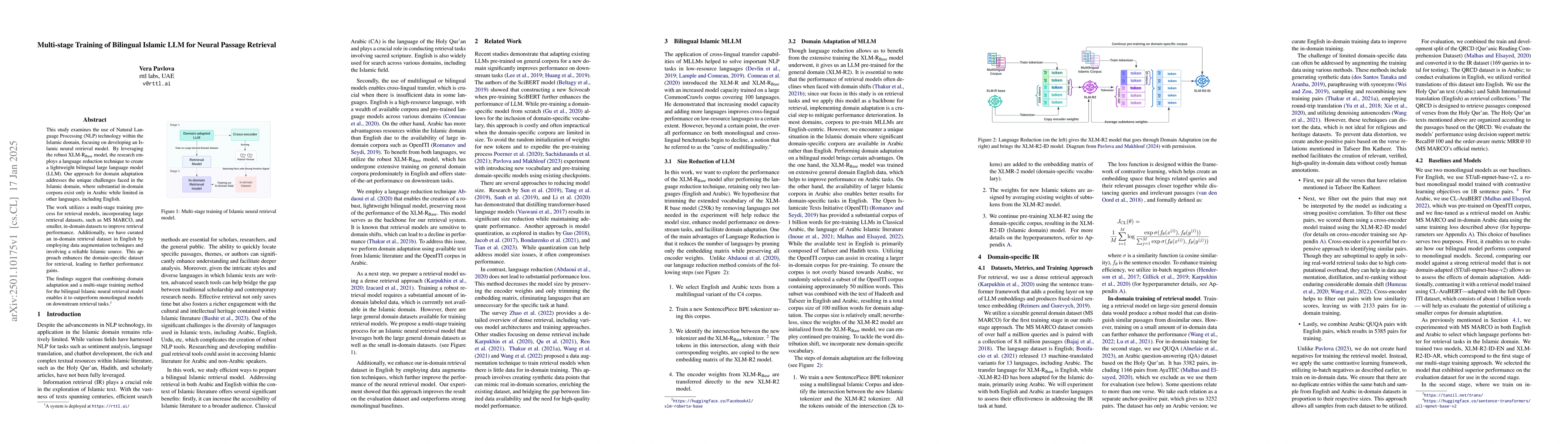 Thumbnail for Multi-stage Training of Bilingual Islamic LLM for Neural Passage
  Retrieval