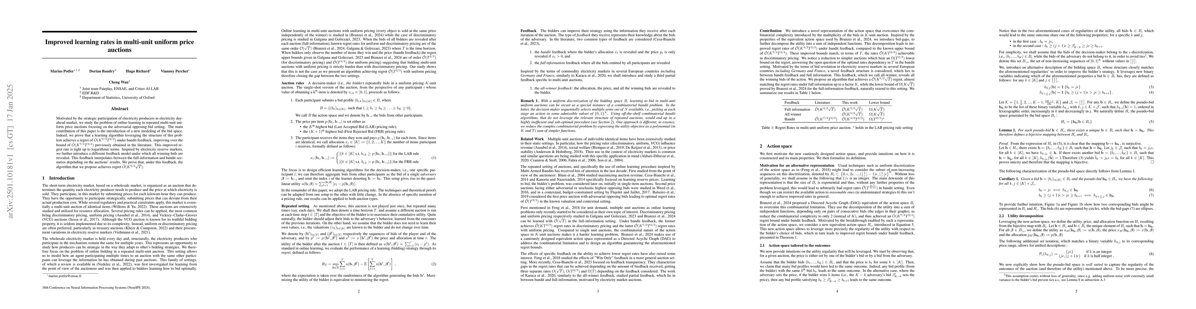 Thumbnail for Improved learning rates in multi-unit uniform price auctions