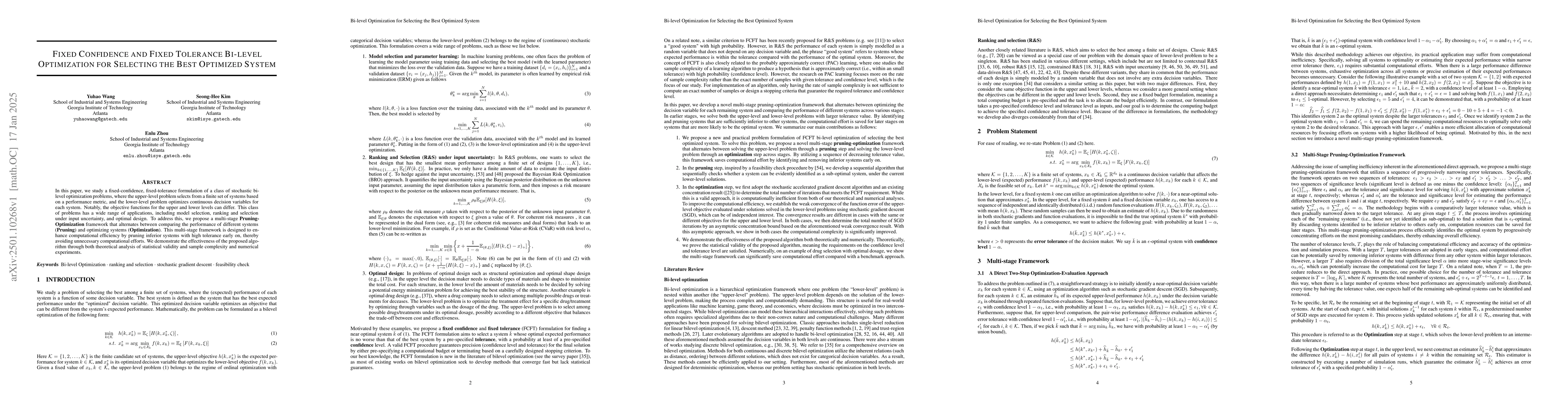 Thumbnail for Fixed Confidence and Fixed Tolerance Bi-level Optimization for Selecting
  the Best Optimized System
