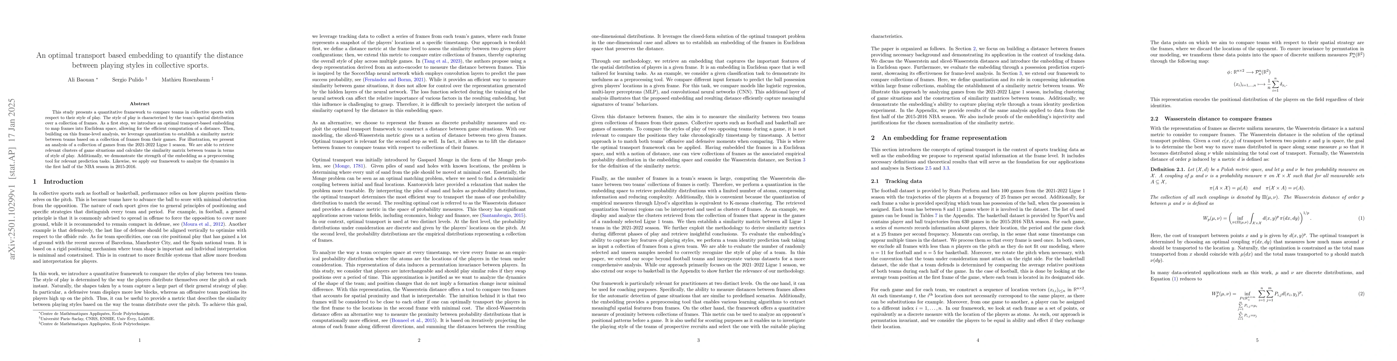 Thumbnail for An optimal transport based embedding to quantify the distance between
  playing styles in collective sports