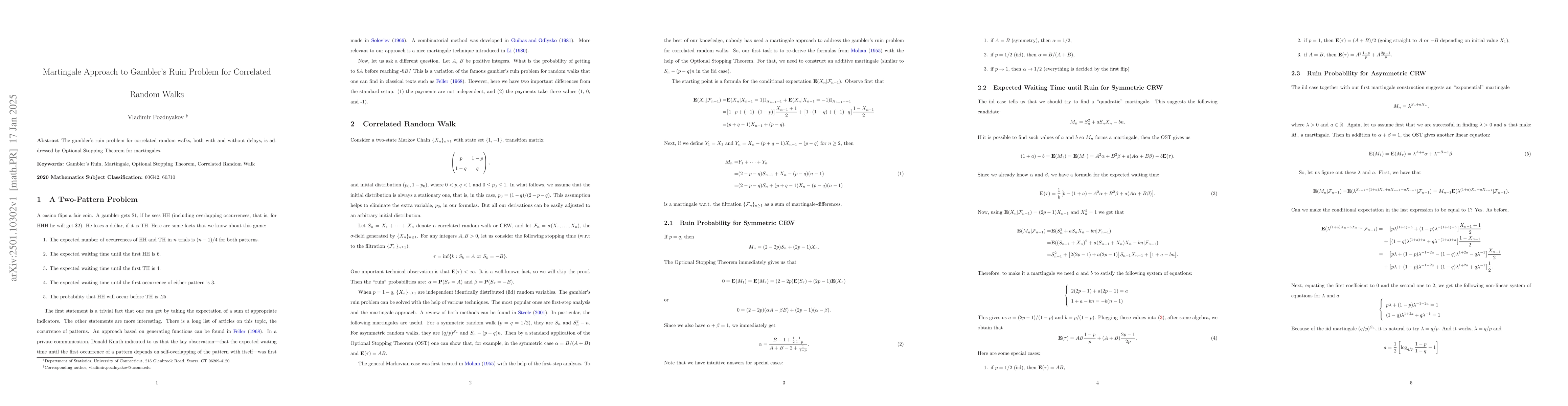 Thumbnail for Martingale Approach to Gambler's Ruin Problem for Correlated Random
  Walks