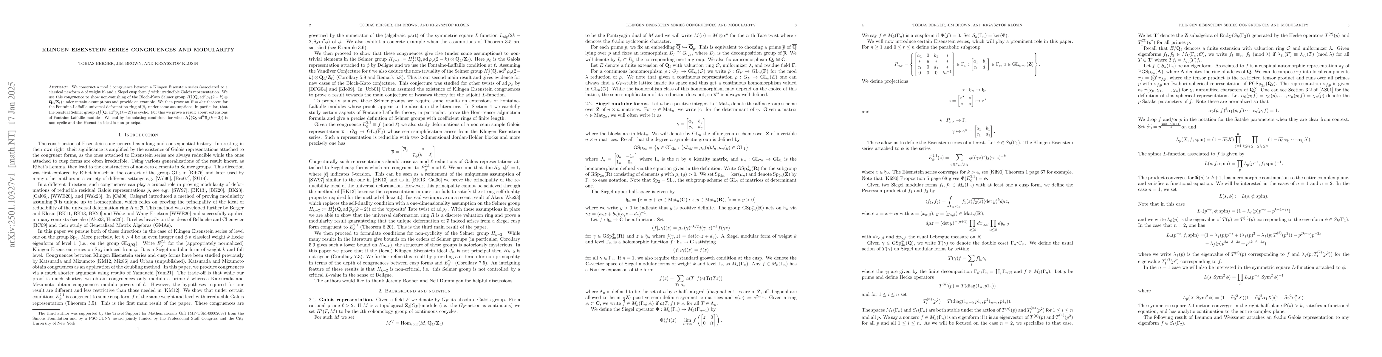 Thumbnail for Klingen Eisenstein series congruences and modularity