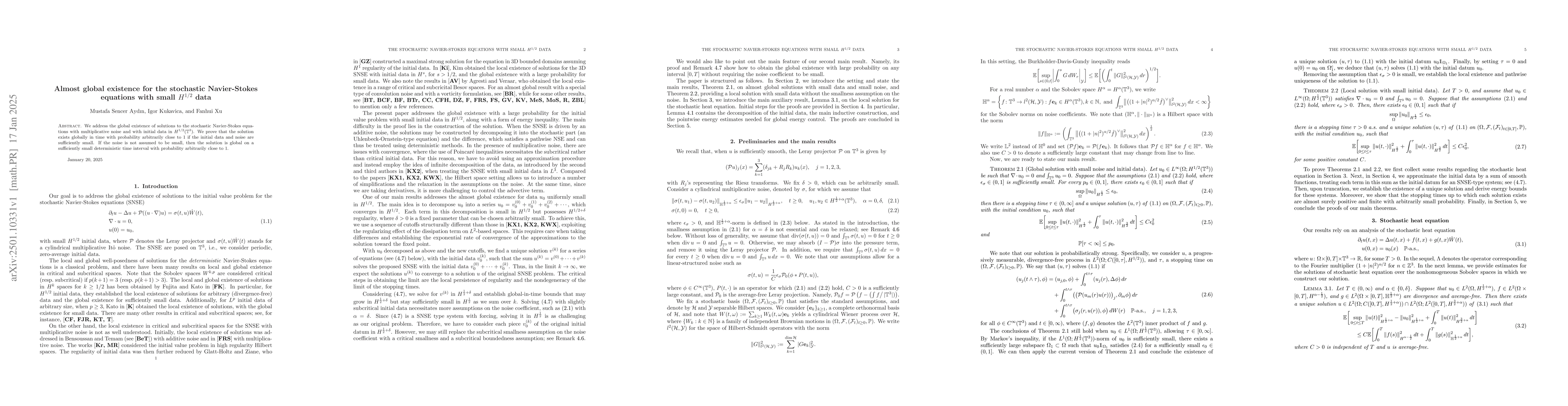 Thumbnail for Almost global existence for the stochastic Navier-Stokes equations with
  small $H^{1/2}$ data