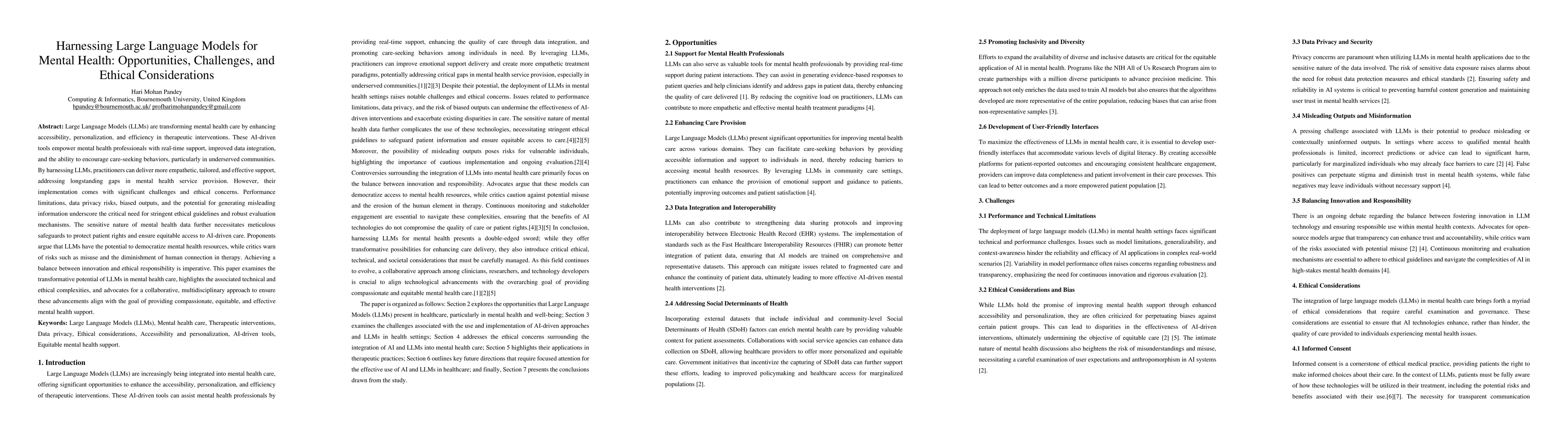 Thumbnail for Harnessing Large Language Models for Mental Health: Opportunities,
  Challenges, and Ethical Considerations