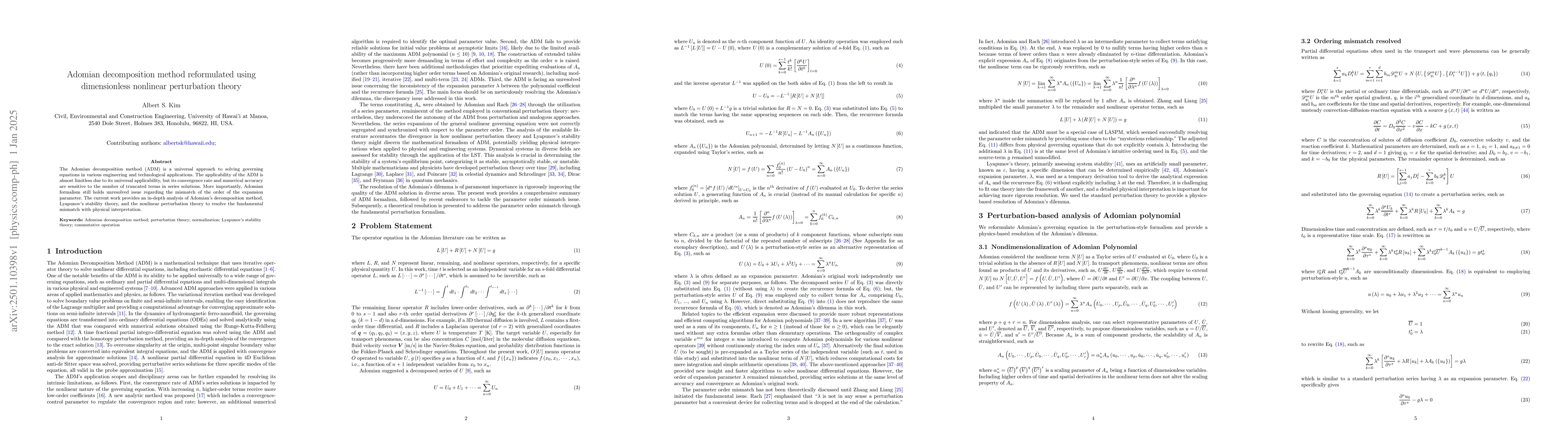 Thumbnail for Adomian decomposition method reformulated using dimensionless nonlinear
  perturbation theory
