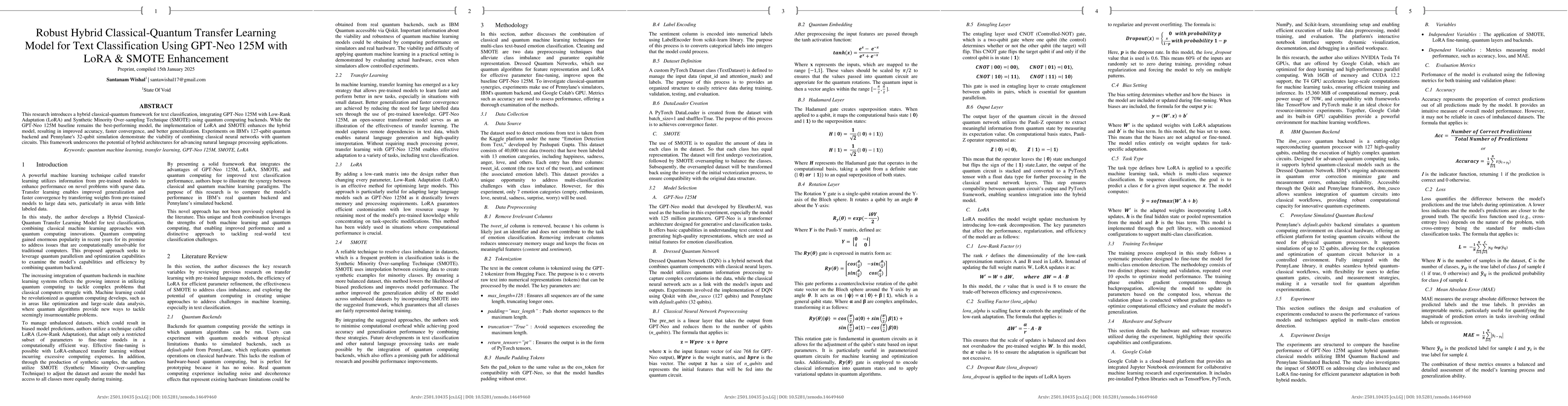 Thumbnail for Robust Hybrid Classical-Quantum Transfer Learning Model for Text
  Classification Using GPT-Neo 125M with LoRA & SMOTE Enhancement