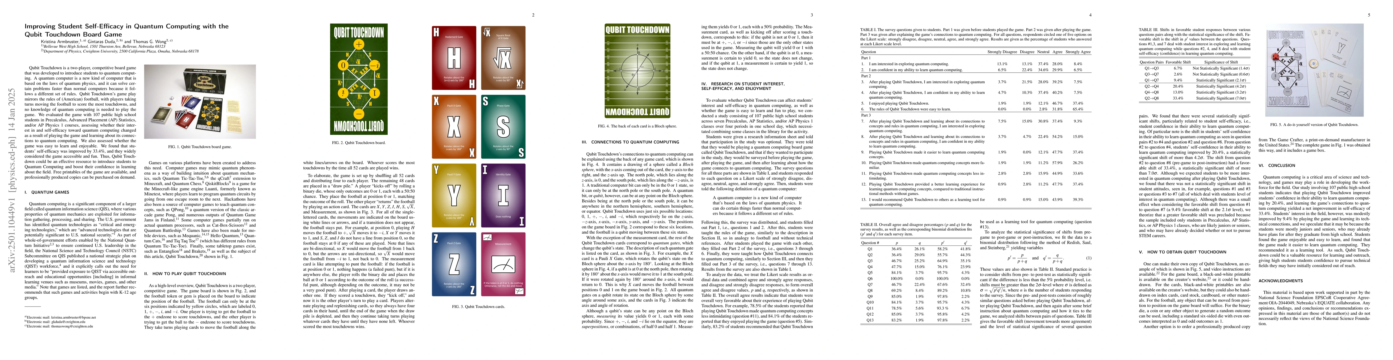 Thumbnail for Improving Student Self-Efficacy in Quantum Computing with the Qubit
  Touchdown Board Game