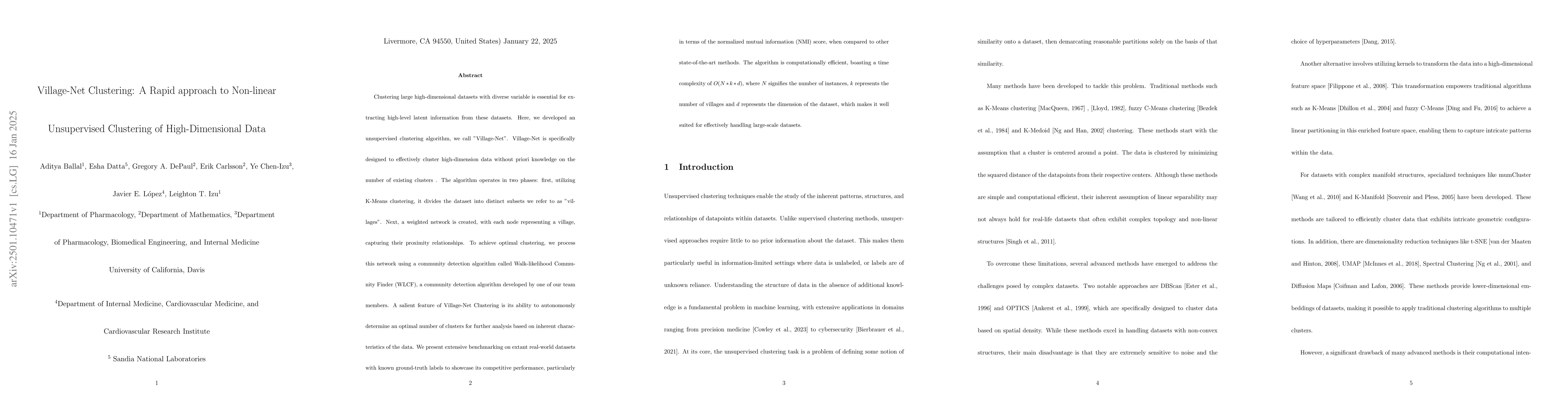 Thumbnail for Village-Net Clustering: A Rapid approach to Non-linear Unsupervised
  Clustering of High-Dimensional Data