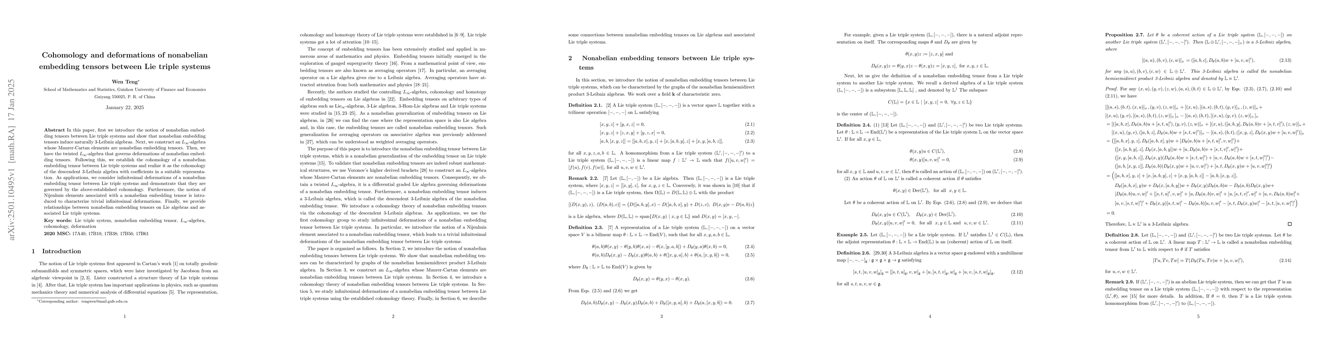 Thumbnail for Cohomology and deformations of nonabelian embedding tensors between Lie
  triple systems
