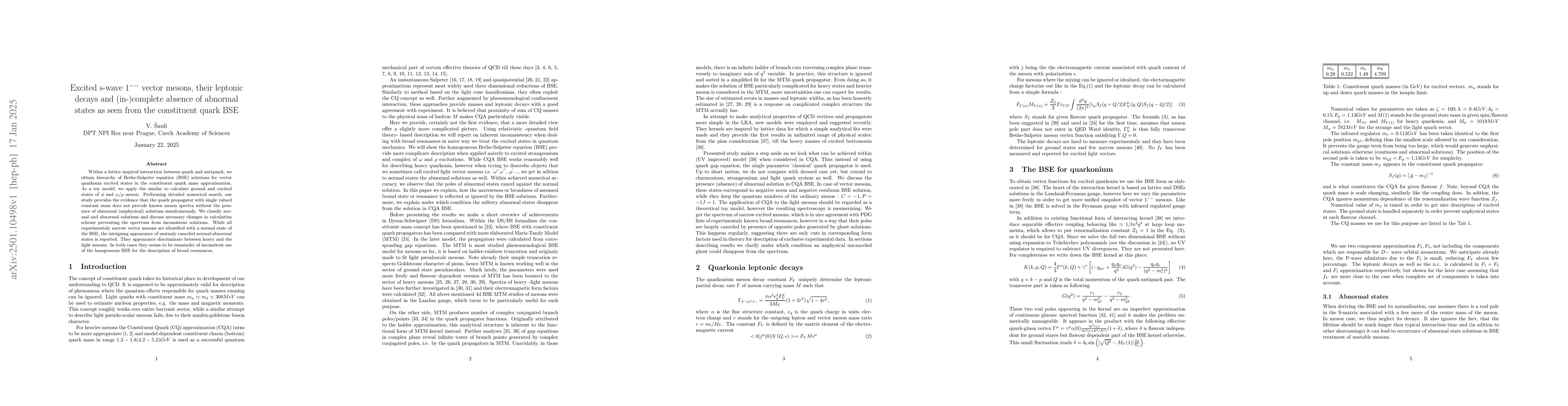 Thumbnail for Excited s-wave $1^{--}$ vector mesons, their leptonic decays and
  (in-)complete absence of abnormal states as seen from the constituent quark
  BSE