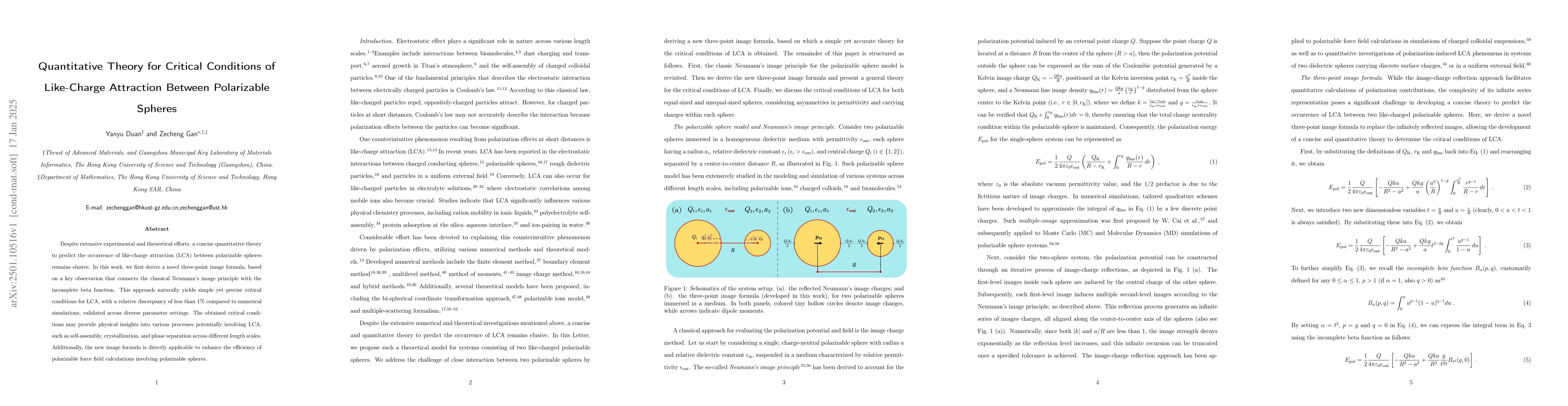 Thumbnail for Quantitative Theory for Critical Conditions of Like-Charge Attraction
  Between Polarizable Spheres